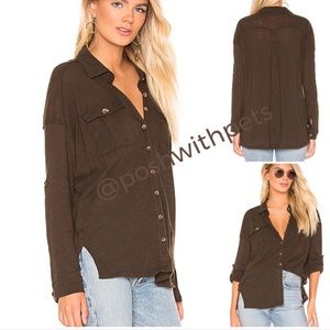 Free People NWT We the Free Penelope Buttondown Raw Trim Pockets Green Brown New